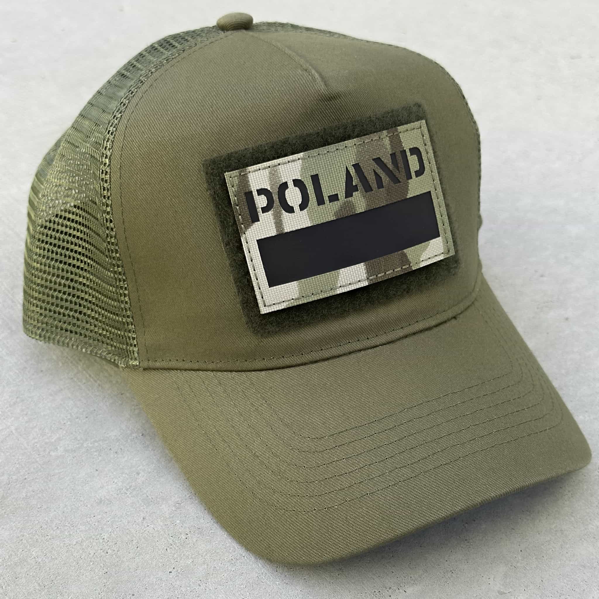 The trucker snapback cap in military green with Poland flag patch attached